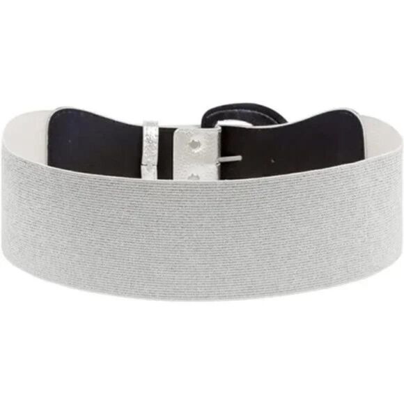 NEW WOMEN'S Wide Stretchy Cinch Belt, Silver PU Leather Metallic Silver Belt - Picture 2 of 6